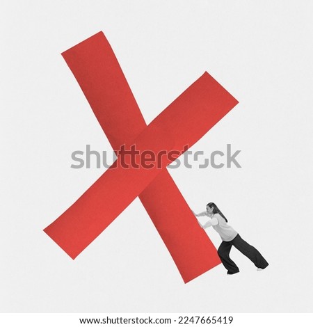 Contemporary art collage. Young girl pushing red huge cross sign. Minimalism. Ideas, inspiration, motiovation. Concept of business, success and motivation. Copy space for ad, text