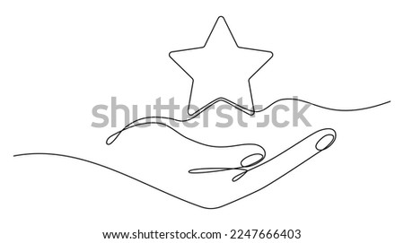 Hand holds star continuous line drawing. Human arms palms. Vector illustration isolated on white.