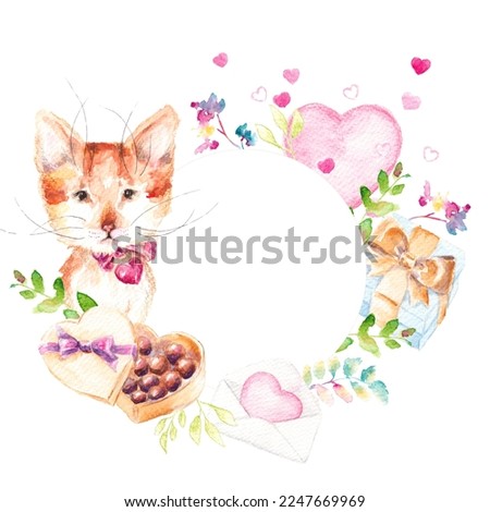 Valentine's day, February 14. Cute funny watercolor illustration for Valentine and love with cat, heart, gift, letter and chocolate. Design for postcard, greeting card, congratulations and poster.