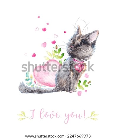Valentine's day, February 14. Cute funny watercolor illustration for Valentine and love with cat, hearts and leaves. Design for postcard, greeting card, congratulations and poster.