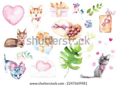 Valentine's day clip art. Cute funny watercolor illustration for Valentine and love with cats, hearts, gift boxes, letter and chocolates. Design for postcard, greeting card, congratulations, poster.
