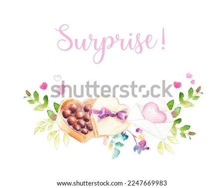 Valentine's day, February 14. Cute funny watercolor illustration for Valentine and love with, hearts, letter and chocolate gift box. Design for postcard, greeting card, congratulations and poster.
