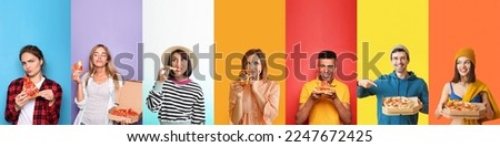 Collage with different people eating tasty pizza on color background