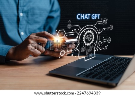 Businessman using chatbot in computer smart intelligence Ai.Chat GPT Chat with AI Artificial Intelligence, developed by OpenAI generate. Futuristic technology, robot in online system. Royalty-Free Stock Photo #2247694339