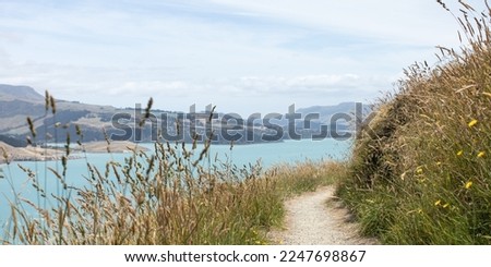 A path with a sea view. A road for hiking with a stunning landscape. Landscape. Banner.