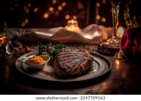 Juicy steak with a sprig of rosemary on the festive table. Close-up