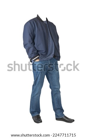 dark blue jeans,navy t-shirt ,dark blue bomber jacket and black leather shoes  isolated on white background 