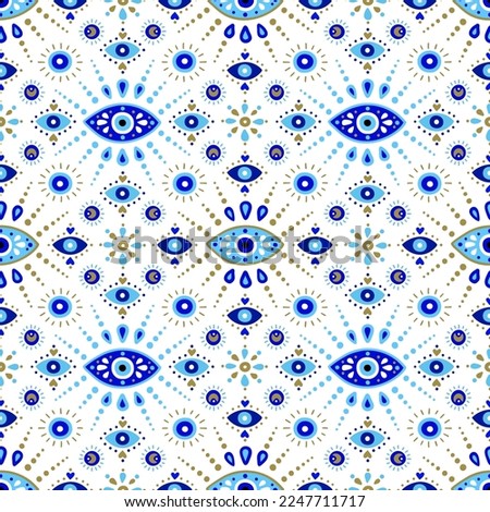 Background of Turkish evil eye symbols. Ethnic style blue greek protection from the spoilage signs with golden details. EPS 10 vector seamless pattern for wrapping paper, textile, package print. Royalty-Free Stock Photo #2247711717