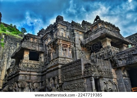 Ancient Marvel Structure Kailasa Temple Ellora Caves Archeological Site in Stunning Detail Closed view Royalty-Free Stock Photo #2247719385