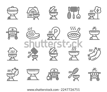 Grill line icons. Salmon meat steak, Bbq smoker and Fire cooking set. Gas-fueled grill, hot pan and barbecue sausage icons. Grilled beef steak meat, roasted food and fish grilling basket. Vector