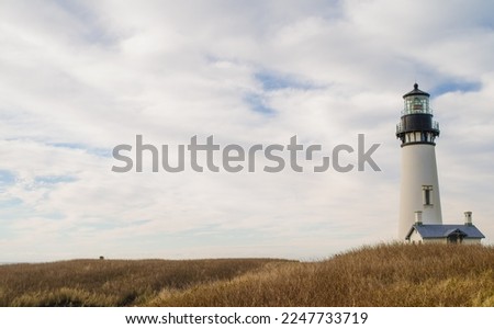 On a high hilly shore with withered grass, a lonely white lighthouse under a cloudy sky. Beautiful landscape. Advertising travel destinations, postcard, romance, travel.