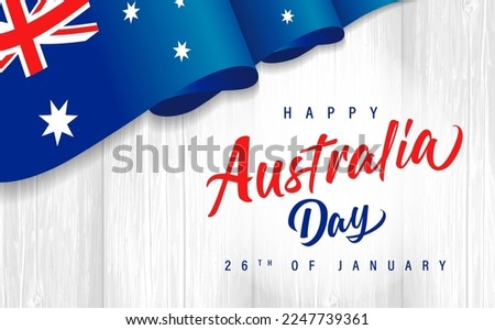 Happy Australia Day lettering with flag on wooden plank. Calligraphic Australia Day typography for greeting card or poster design. Vector illustration  Royalty-Free Stock Photo #2247739361