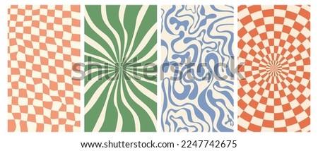 Set of groovy retro backgrounds. Vertical posters with swirl and checkered texture. Trendy vector backgrounds in retro psychedelic style