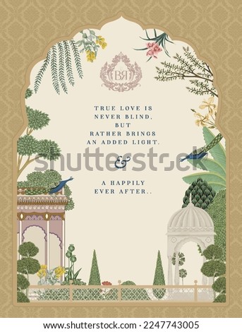 Traditional Indian Mughal Wedding Card Design. Invitation card for printing vector illustration. Royalty-Free Stock Photo #2247743005