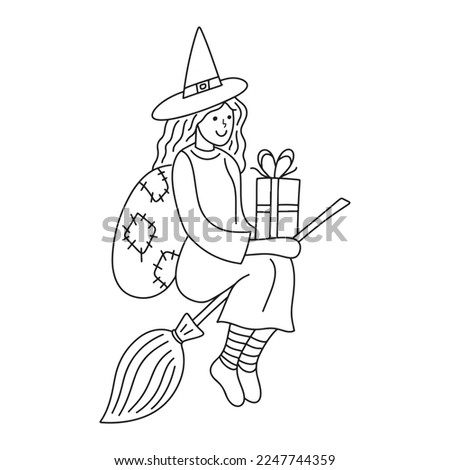 Cute Girl Witch Befana. Traditional Christmas Epiphany female character in Italy flying on broomstick with a gift box, present for children. Hand drawn contour drawing vector illustration