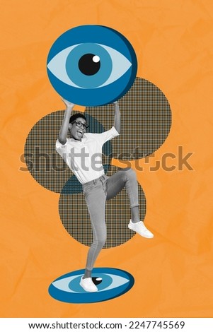 Creative photo 3d collage artwork poster postcard picture of crazy man hold under head huge human eye isolated on painting background