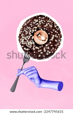 Collage photo of hand holding fork hungry template concept sweet chocolate dessert donut with sprinkles discoball inside isolated on pink background