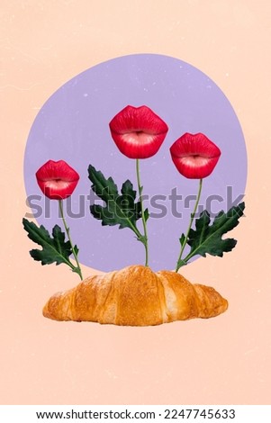 Creative advertisement picture photo collage template baked french fresh croissant growing caricature lips plant kissing isolated on beige background