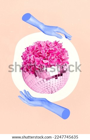 Collage photo of hands hold creative disco ball shiny party invitation template blooming pink beautiful flower bunch isolated on beige background