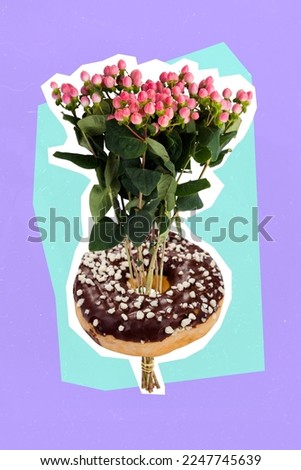 Creative collage artwork photo of advert delivery tasty chocolate donuts with fresh flowers birthday gift isolated on painted purple background