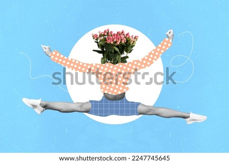 Creative photo collage of young active jumper athlete gymnast lady twine headless bunch flowers menstruation isolated on blue painted background