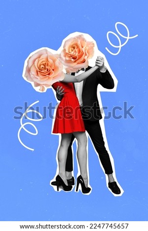 Vertical collage image of two black white gamma partners hug dancing rose flowers instead head isolated on blue color background