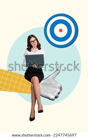 Photo collage of young successful entrepreneur business lady sit big thumb up approval vacancy reach target success isolated on drawing background