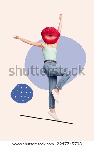 Vertical collage image of excited girl raise hands jumping dancing plump red lips instead head isolated on drawing background
