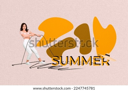 Creative collage illustration photo of funny positive crazy impressed person pull rope summer sale isolated on pink color background