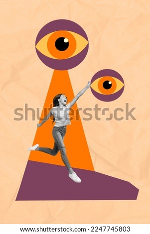Creative 3d photo artwork graphics collage painting of impressed little child running catching eyes isolated drawing background