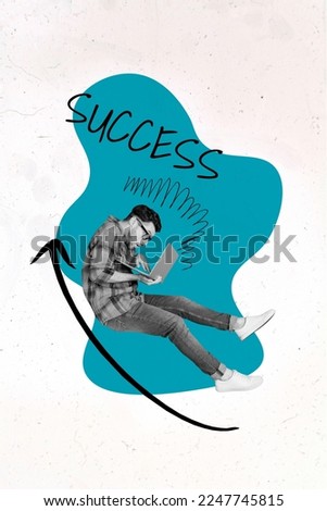 Creative photo 3d collage artwork poster picture of young successful man use modern netbook develop website isolated on painting background