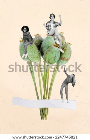 Vertical collage picture of three mini black white colors girls sit huge papaver poppy plant isolated on creative background