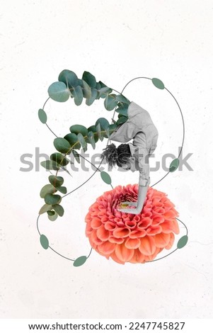 Vertical creative collage photo of good mood girl flower instead of legs hands standing on flower isolated on white color background Royalty-Free Stock Photo #2247745827