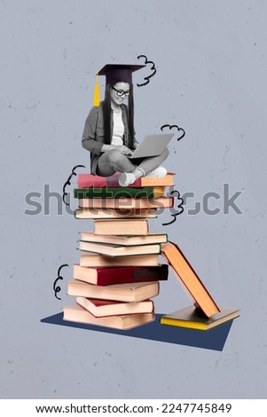 Photo collage artwork minimal picture of happy smiling lady finishing studying starting work isolated drawing background