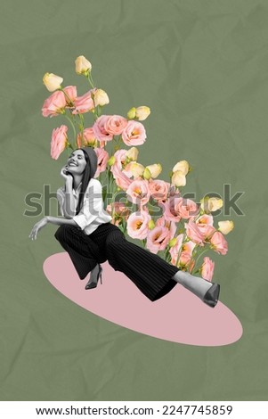 Creative photo 3d collage artwork poster postcard picture of charming lady enjoy 8 march gift fresh flowers isolated on painting background