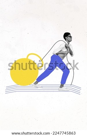Creative photo 3d collage artwork poster postcard picture of hardworking person pulling heavy bell go ahead isolated on painting background