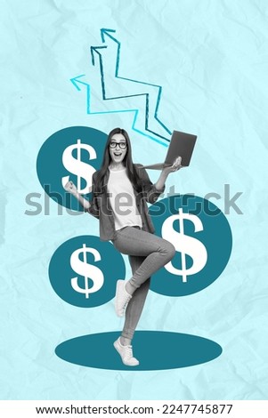 Photo cartoon comics sketch collage picture of smiling lucky lady earning money modern gadget isolated drawing background