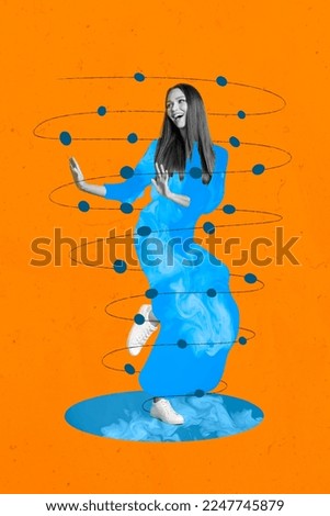 Creative photo 3d collage artwork poster postcard picture of positive girl have fun rejoice good mood isolated on painting background
