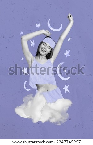Creative photo 3d collage artwork picture of beautiful sleepy lady waking up early morning harmony isolated on painting background
