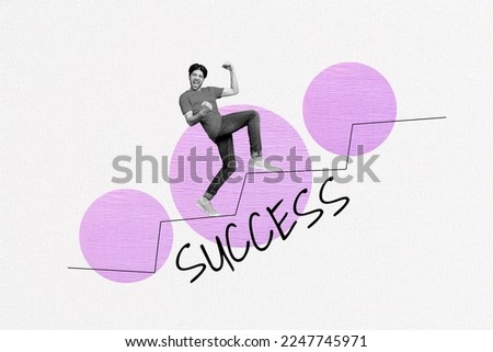 Creative collage picture of overjoyed black white effect guy climb success ladder raise fists isolated on drawing background