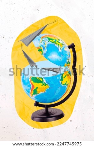 Creative photo 3d collage artwork poster postcard picture of paper plane flying round globe isolated on painting background