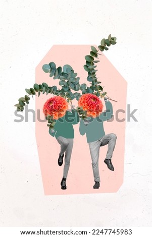 Artwork magazine collage picture of excited funny couple flowers instead of heads isolated drawing background