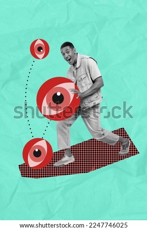 Creative abstract template graphics collage image of excited funny guy playing basketball big eyes isolated drawing background