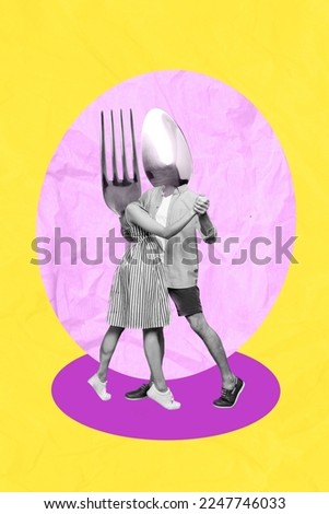 Photo collage artwork minimal picture of funny couple utensils instead head dancing together isolated drawing background Royalty-Free Stock Photo #2247746033
