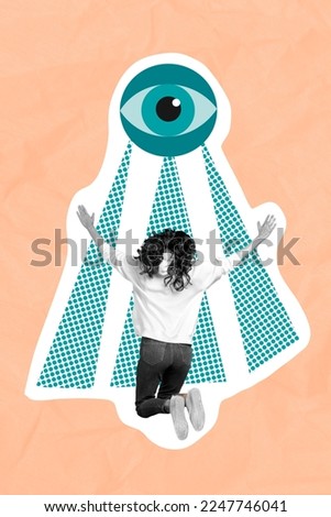 Creative photo 3d collage artwork poster postcard picture of crazy happy lady jumping under big eye isolated on painting background