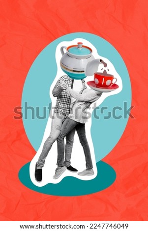 Artwork magazine collage picture of dancing couple kettle cut instead of heads isolated drawing background