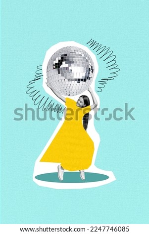 Vertical collage picture of excited cheerful black white colors girl enjoy dancing partying hands hold big disco ball isolated on drawing background