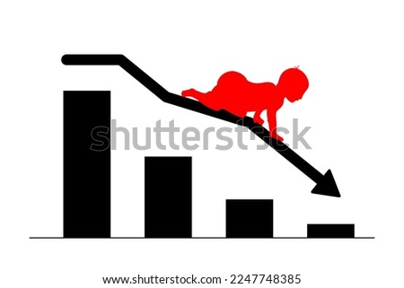 Birth rate decreasing and declining concept. Demographic decline icon. baby crawling down a descending chart. Vector Illustration Royalty-Free Stock Photo #2247748385