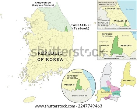 Taebaek-si (Taebaek) location on Gangwon-do (Gangwon Province) and Republic of Korea (South Korea) map. Clored. Vectored Royalty-Free Stock Photo #2247749463