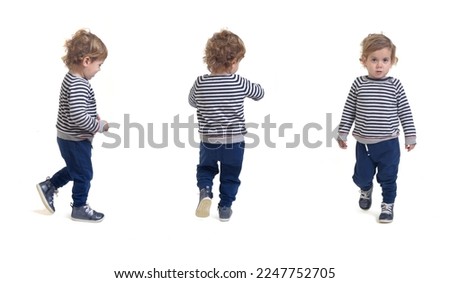 front, side and back view of same man walking on white background Royalty-Free Stock Photo #2247752705